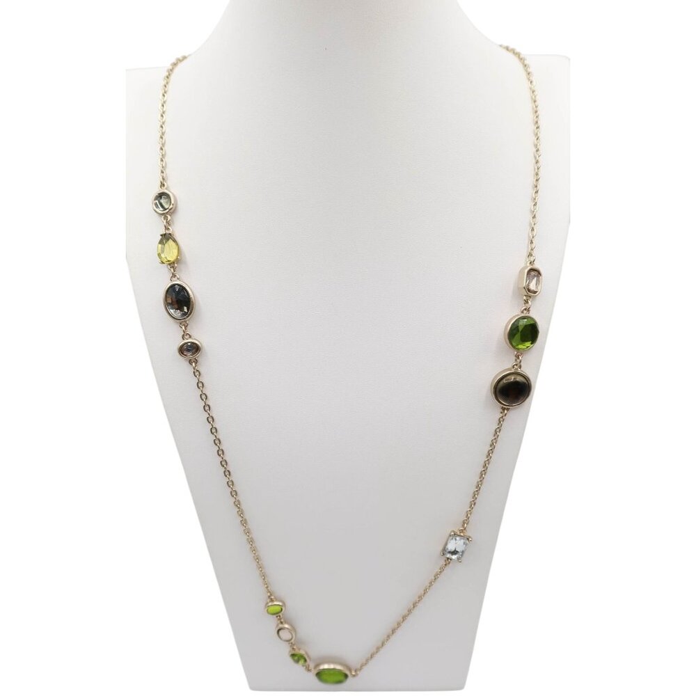 CHICO'S Long Rhinestone Gold Tone Necklace Green Taupe Clear Classic Station